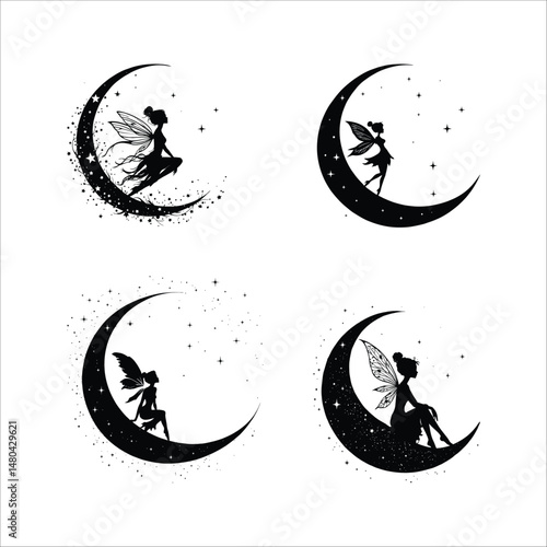 Silhouettes of fairies sitting on crescent moons surrounded by stars in a grid pattern