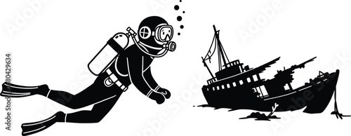 Diver and Sunken Ship Vector Illustration