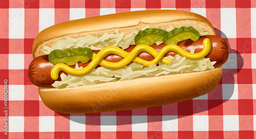 Delicious Hot Dog Topped With Mustard Pickles And Sauerkraut At Picnic