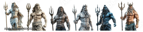 Mythical God Poseidon Statues in Various Artistic Styles Isolated Transparent Background