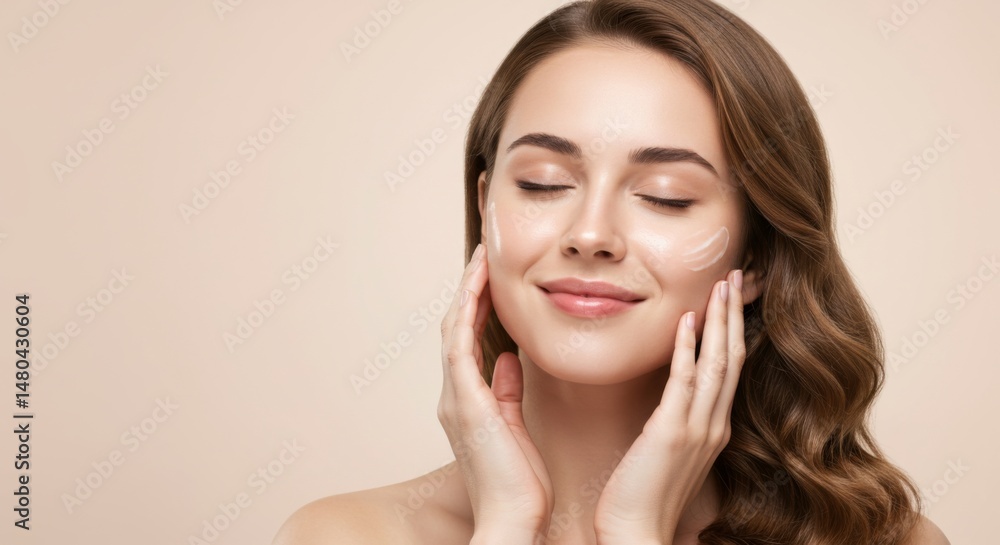 Skincare routine concept with a smiling woman applying moisturizer for healthy skin care and beauty Skincare routine concept with a smiling woman applying moisturizer for healthy skin care and beauty