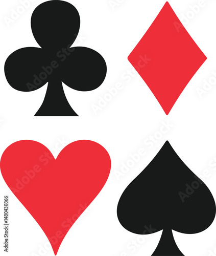 Playing card suit symbols set with heart, spade, club, and diamond in red and black flat vector design
