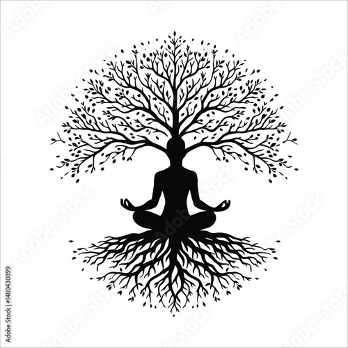Silhouette of a meditating figure with tree branches and roots on a white background design art