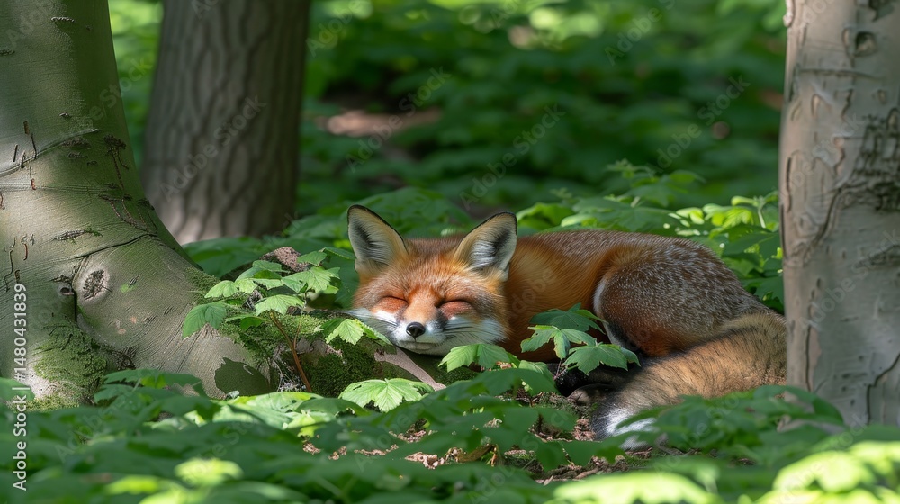 Fototapeta premium A fox relaxing in the forest shade surrounded by diverse wildlife and forest animals