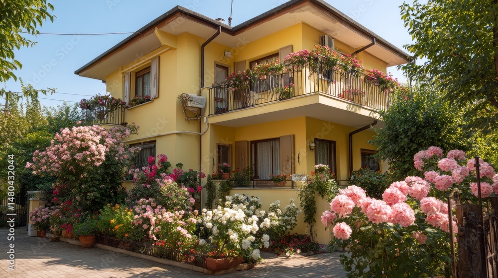 Fototapeta premium Sunny yellow house with blooming flowers, warm summer charm 