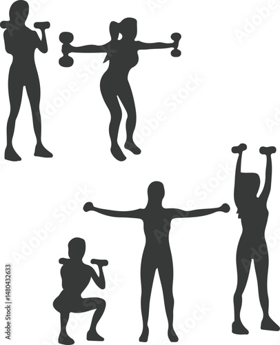 Silhouettes of women performing fitness exercises with dumbbells and bodyweight moves black workout vector illustration
