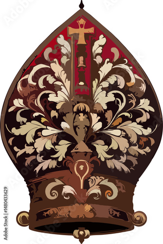 Intricate Papal Mitre Vector Illustration with Central Cross and Golden Baroque Ornaments on Red Background – Luxurious Pope Hat Design