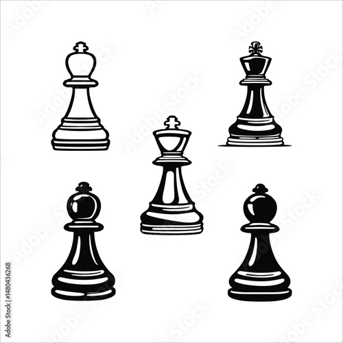 Isolated black and white graphic illustration of five chess pieces on a white background