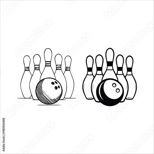 A sketch of bowling pins and a ball in two styles on a white background illustration art