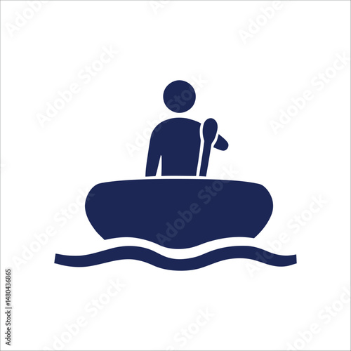 A simple graphic of a person in a boat paddling on water in a dark blue color on a white background