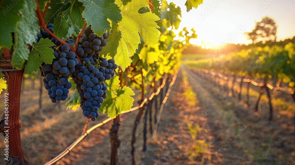 Fototapeta premium A vineyard filled with Concord grapevines at sunrise, showcasing the lush greenery and hanging grape clusters