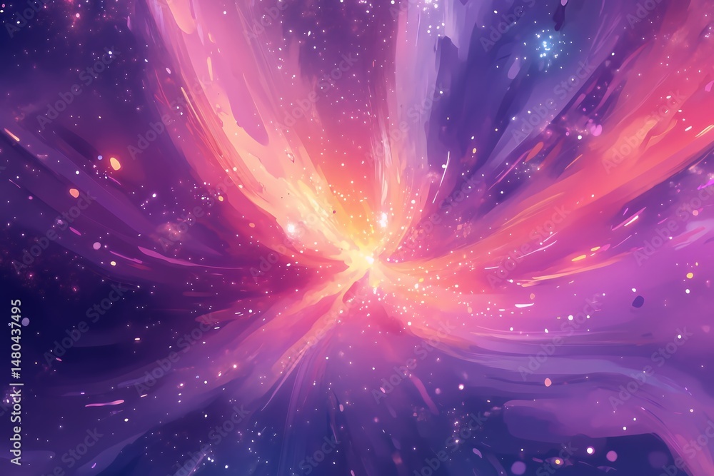Obraz premium Painted galaxy with swirling clouds of pink, purple, and yellow, with stars scattered throughout. A bright light emanates from the center of the galaxy.