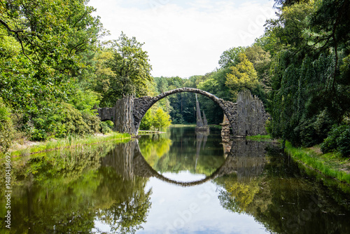 Reflection of the bridge in the river, round bridge