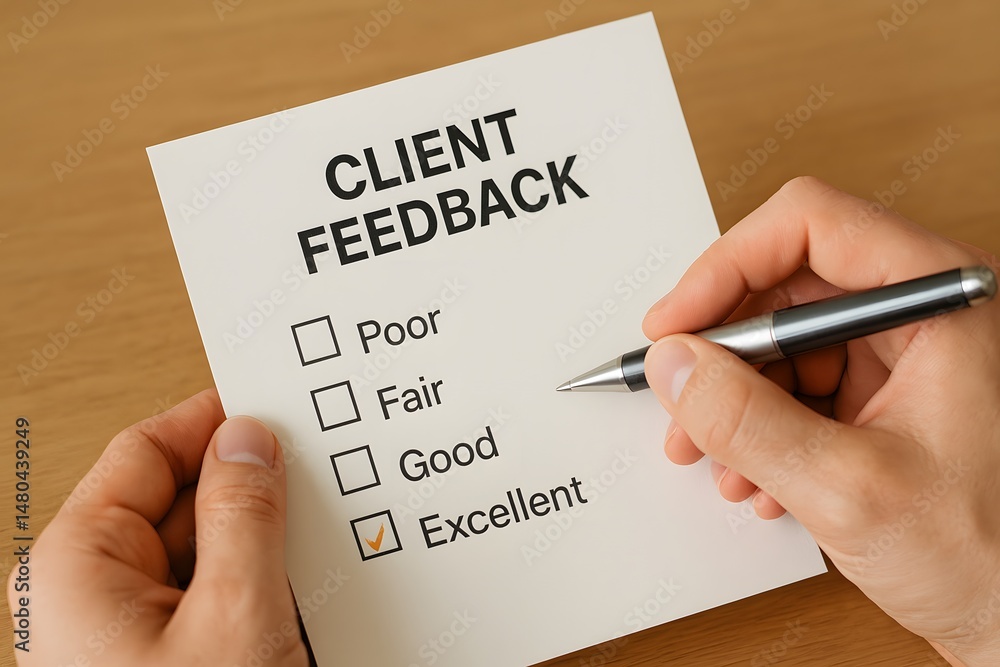 A close-up of a hand marking “Excellent” on a client feedback form with a silver pen. Concept of customer satisfaction and service improvement. A close-up of a hand marking “Excellent” on a client feedback form with a silver pen. Concept of customer satisfaction and service improvement.