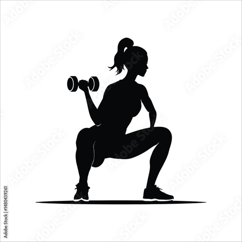 Silhouette of woman squatting while holding a dumbbell in a fitness exercise pose on white background