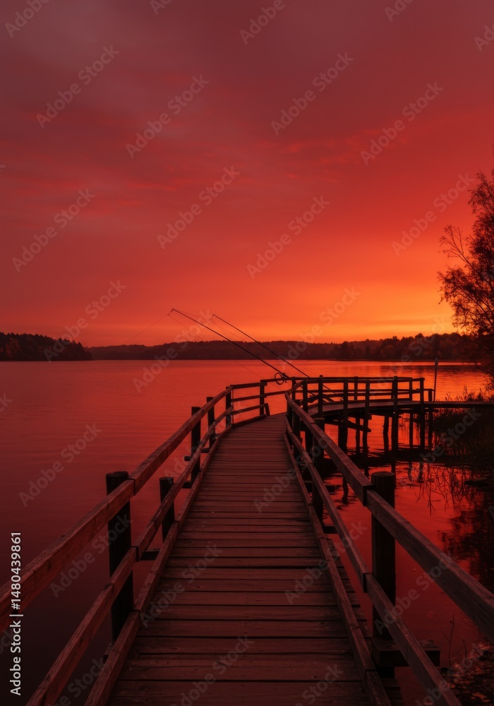 Obraz premium Serene lakeside sunset scene with wooden pier and fisherman's silhouette for tranquility concept