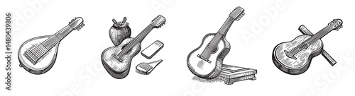 Vintage Musical Instruments Illustration with Mandolin and Guitar, vintage retro hipster logo design, vector illustration, engraving design