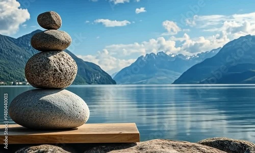 Serene Lakeside Stones: A Balanced View of Majestic Mountains and Tranquil Waters