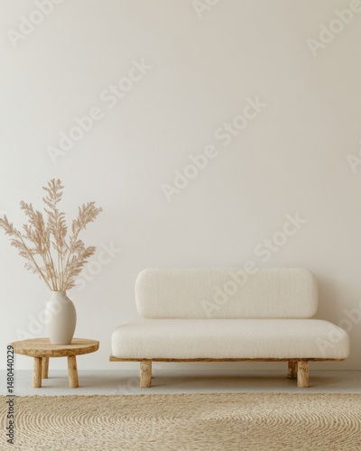 Minimalist interior with sofa and vase on table in front of neutral wall low angle shot in studio setting for design