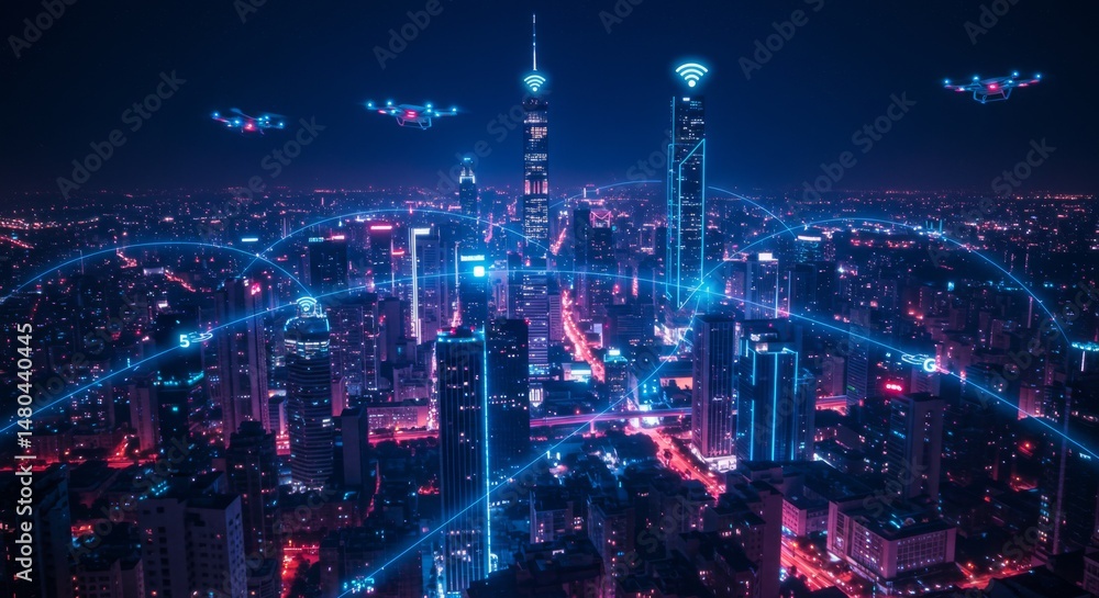 Futuristic cityscape with drones and digital connectivity at night Futuristic cityscape with drones and digital connectivity at night