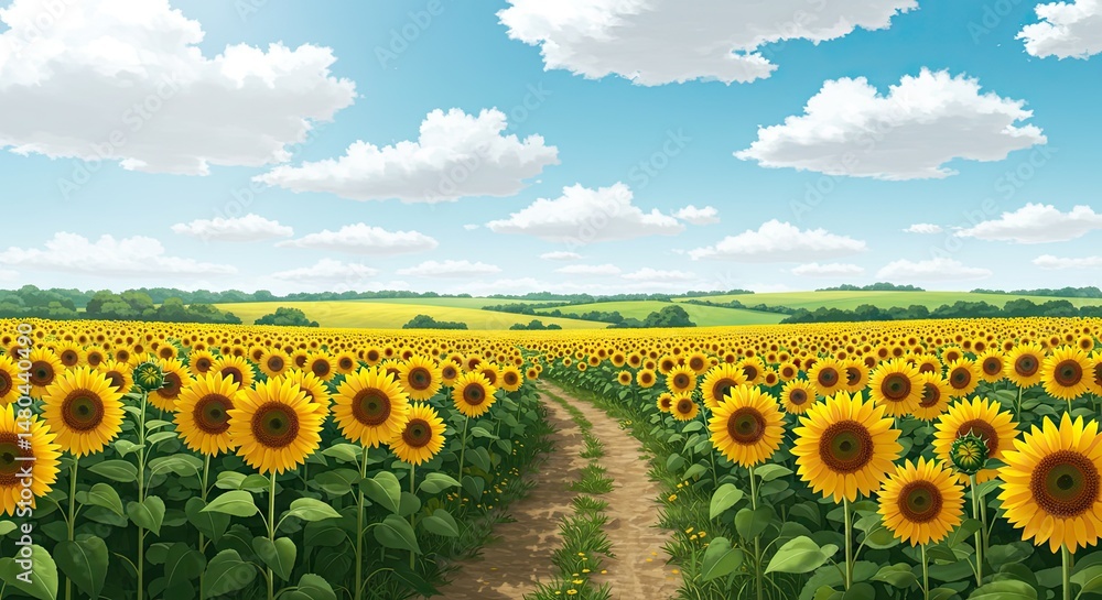 Obraz premium Endless Sunflower Field Under Clear Blue Summer Sky – Scenic Nature Landscape
