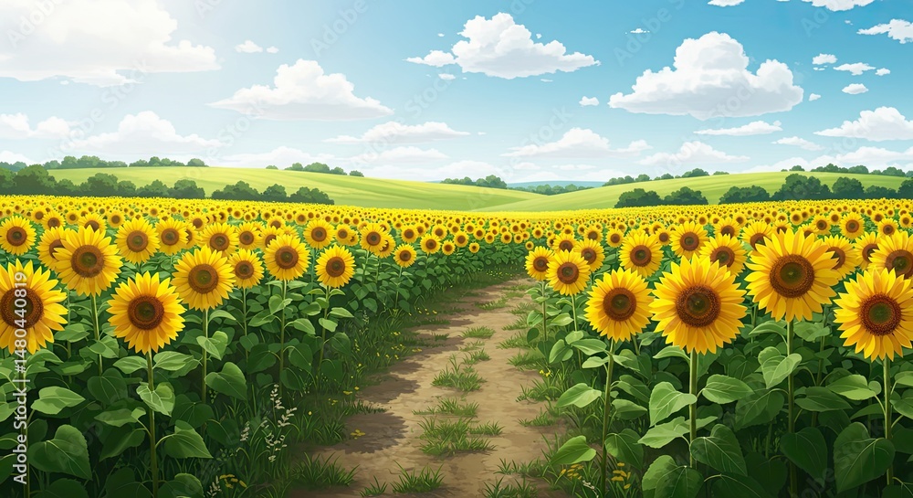 Obraz premium Endless Sunflower Field Under Clear Blue Summer Sky – Scenic Nature Landscape