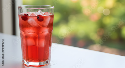 Wallpaper Mural Refreshing Cranberry Juice With Ice Cubes On A White Table With Garden View Torontodigital.ca