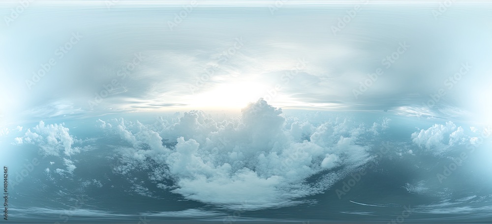Fototapeta premium Panoramic view of a sky filled with cumulus clouds, sun shining brightly through the clouds