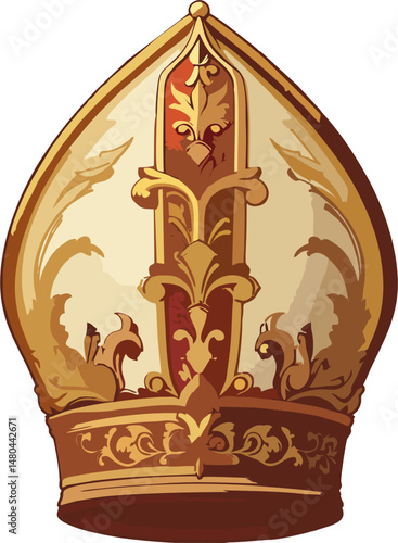 Flat Vector Illustration of Ornate Papal Mitre – Vintage Style Bishop Hat with Gold Embellishments and Red Accent
