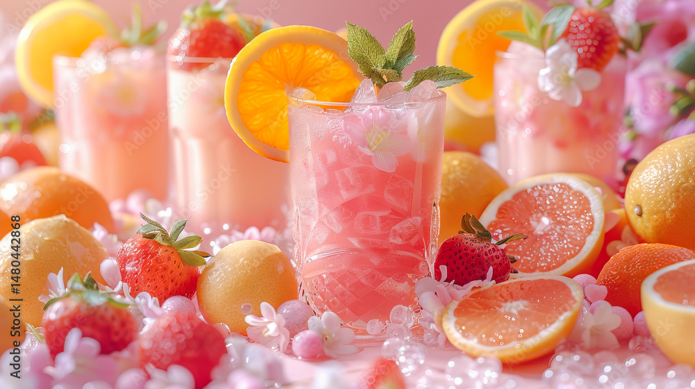 Refreshing pink grapefruit and strawberry summer drink with ice, mint, and citrus fruits Refreshing pink grapefruit and strawberry summer drink with ice, mint, and citrus fruits