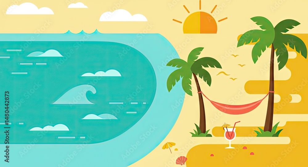 Obraz premium Flat 2D Summer Beach Scene with Palm Trees, Umbrellas, and Waves