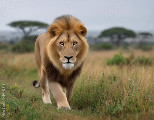 grassland landscape with male lion