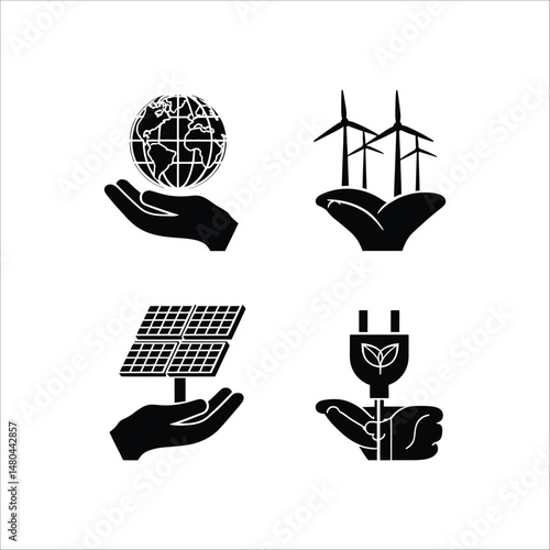 Black and white icons depicting renewable energy sources held in hands with earth and wind turbines