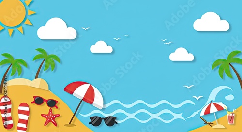 Flat 2D Summer Beach Scene with Palm Trees, Umbrellas, and Waves