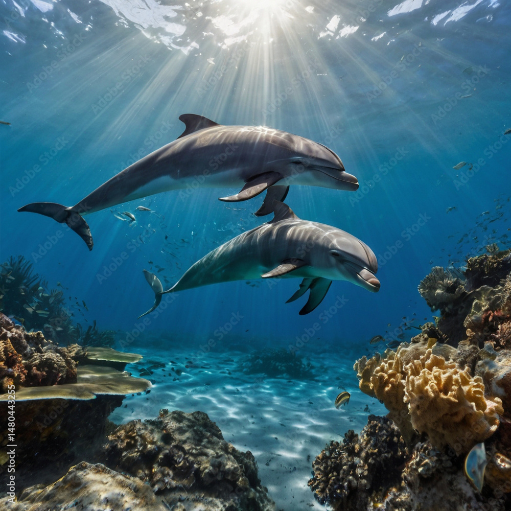 Fototapeta premium Two Dolphins Swimming in Sunlit Ocean Coral Reef