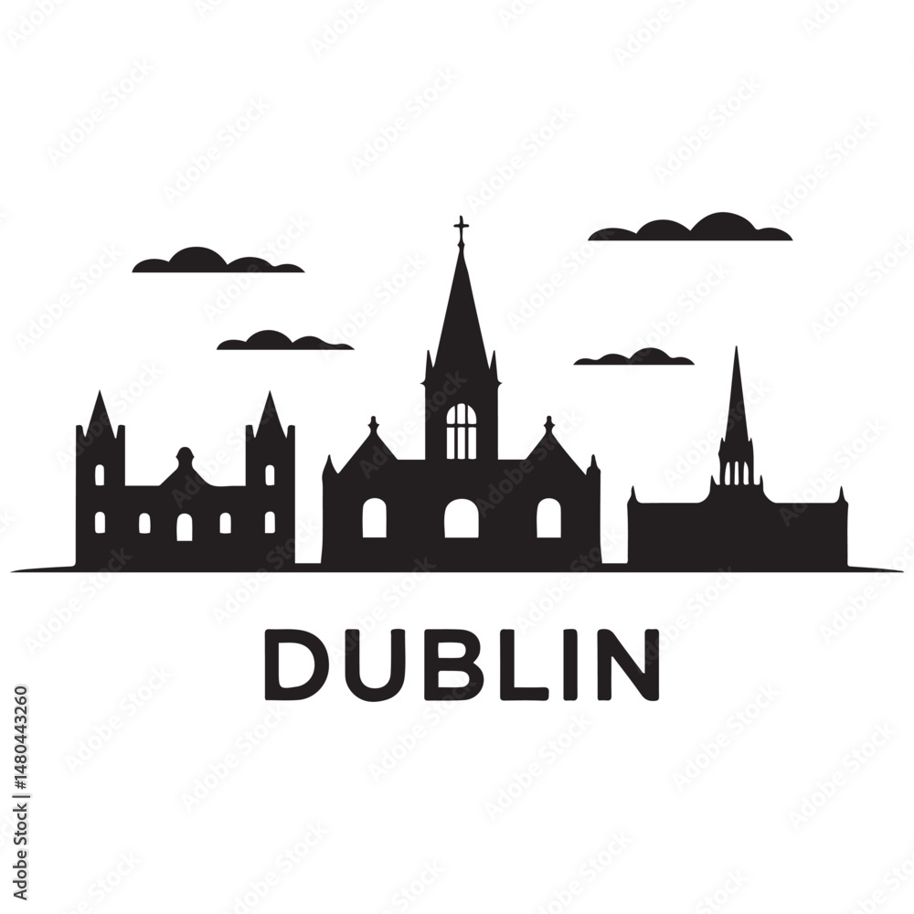Fototapeta premium Vector Dublin skyline. Travel Dublin famous landmarks. Business and tourism concept for presentation, banner, web site. Vector black silhouette. with white background