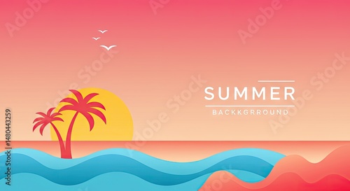 Modern Flat Summer Beach Illustration – Tropical Vacation in Bold Colors