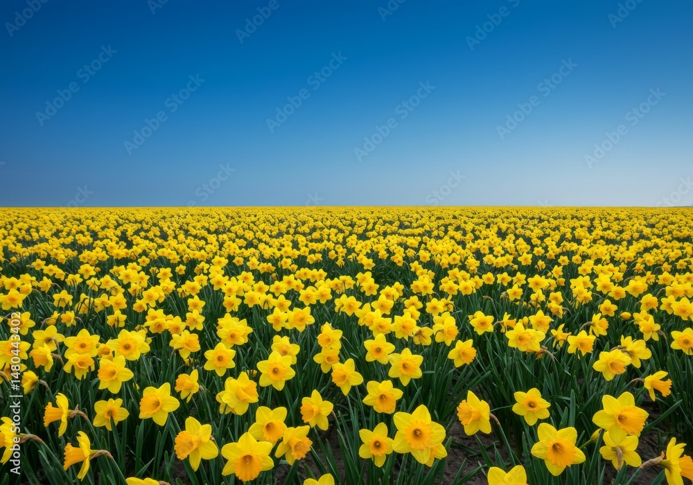 Fototapeta premium Vibrant field of blooming yellow daffodils under clear blue sky