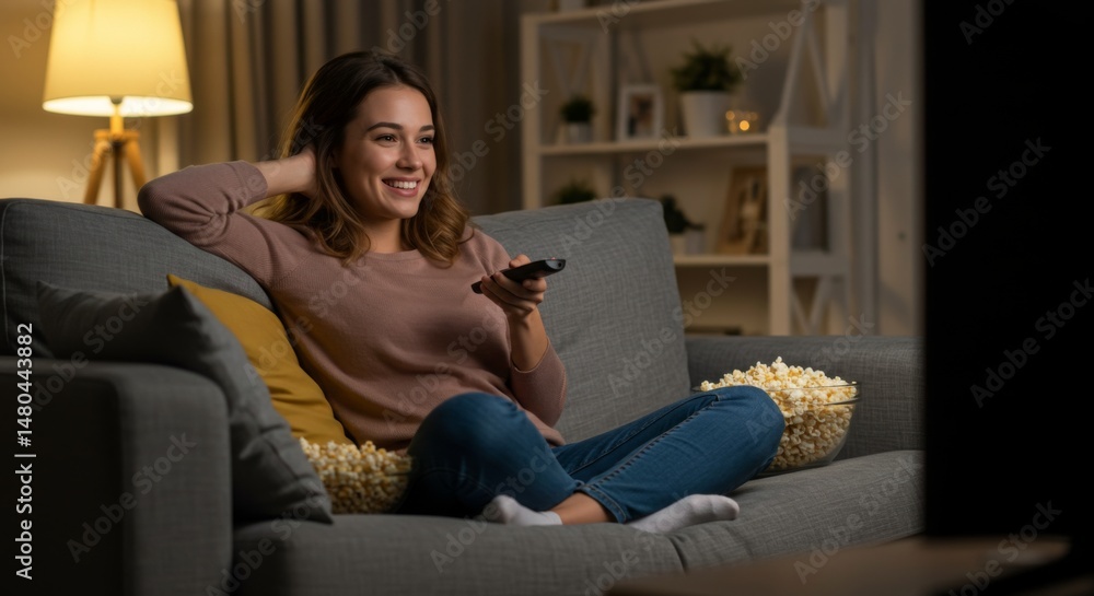 Obraz premium Relaxed evening indoors with smiling woman watching tv and eating popcorn
