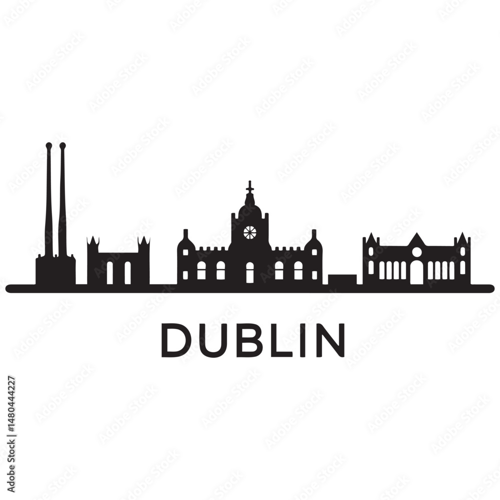 Naklejka premium Vector Dublin skyline. Travel Dublin famous landmarks. Business and tourism concept for presentation, banner, web site. Vector black silhouette. with white background
