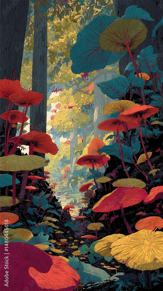 Fototapeta premium Surreal vibrant colorful mushrooms and toadstools are growing along a magical path in an enchanted forest, creating a captivating fantasy scene