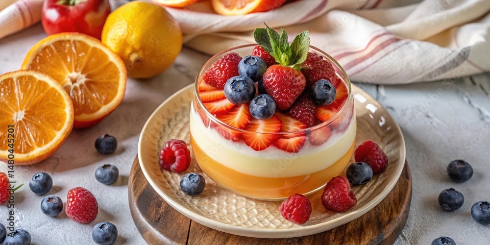 Layered dessert with fresh fruit and creamy custard in a glass bowl, surrounded by blueberries, raspberries, and orange slices Layered dessert with fresh fruit and creamy custard in a glass bowl, surrounded by blueberries, raspberries, and orange slices