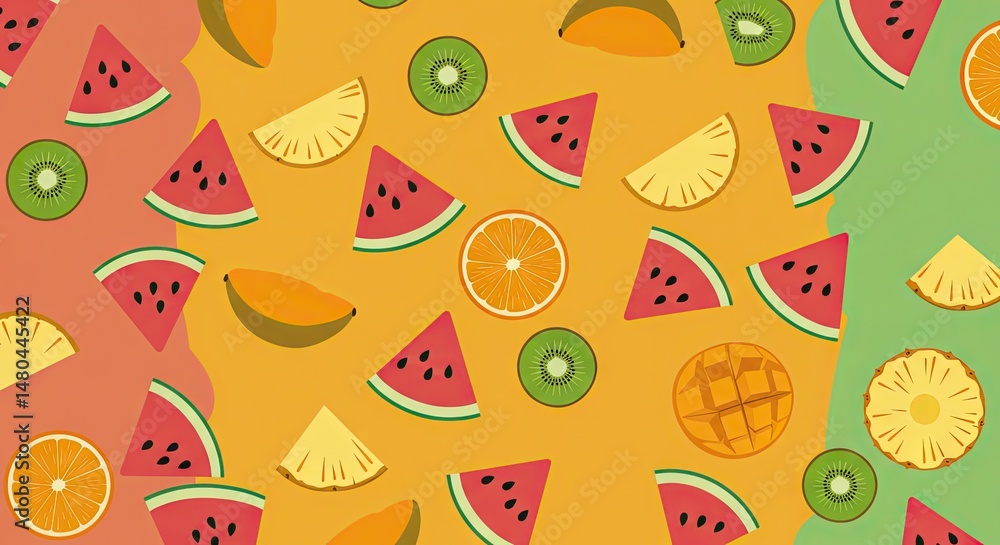 Fototapeta premium Colorful Flat Summer Fruits Pattern – Tropical Fruit Illustration Background