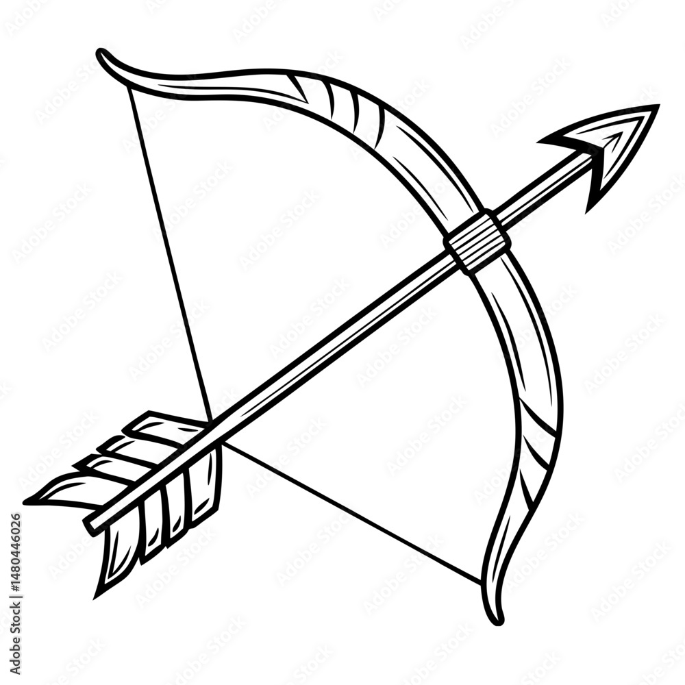 Traditional bow and arrow illustration in black and white style Traditional bow and arrow illustration in black and white style