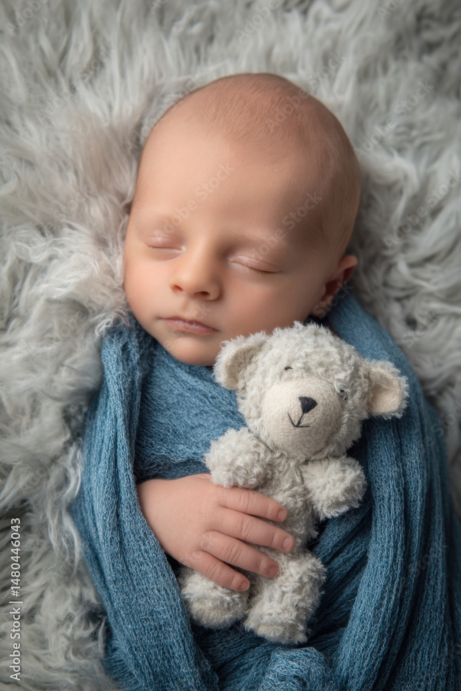Fototapeta premium A serene scene of a newborn baby resting in a cozy studio, wrapped in a soft blue blanket while clutching a small plush teddy bear. The gentle environment creates a tranquil atmosphere