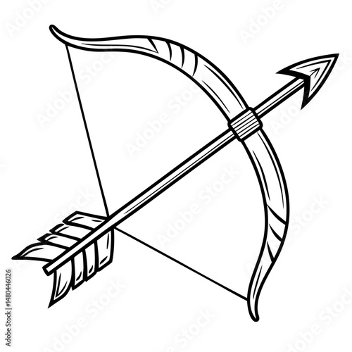 Traditional bow and arrow illustration in black and white style  