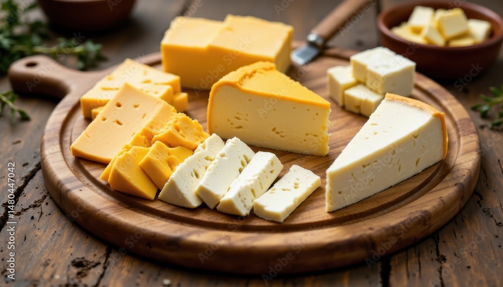 Fototapeta premium imagine you are standing at the edge of a rustic wooden table, your gaze fixated on a mesmerizing array of milk cheeses meticulously arranged on a sleek cheeseboard