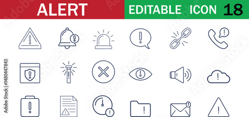 Editable alert icon set with 18 minimal line symbols for warnings, notifications, and system messages. Perfect for , mobile, apps, and web design. Thin, clean stroke vector style.
