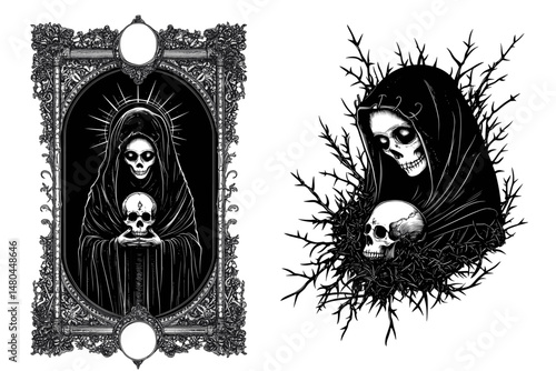 Gothic Art of a Veiled Lady with Skulls