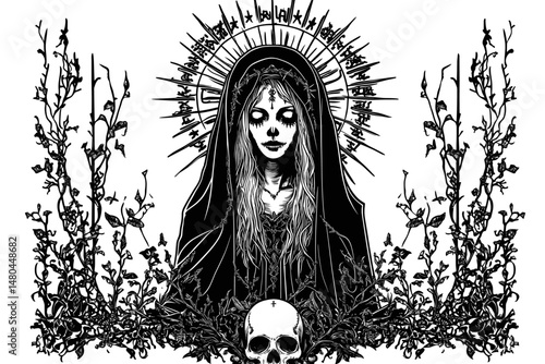 Gothic Art of a Veiled Lady with Skulls